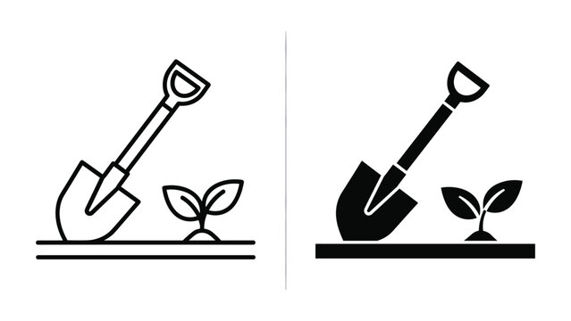 Gardening shovel and seedling icon set