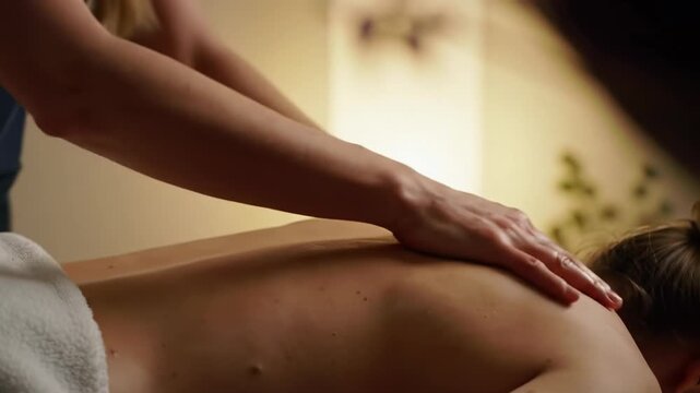 Expert hands perform rhythmic therapeutic movements on a client's upper back, draped in white, against a blurred spa background with warm light, invoking deep calm and professional care