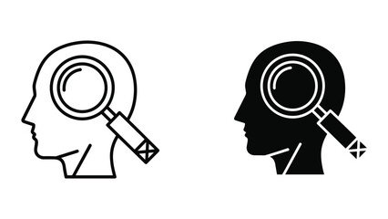 Human head with magnifying glass examining brain