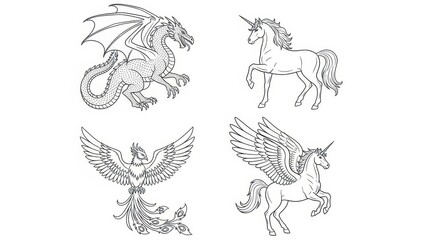 Fantasy Creatures Outline: Dragon, Unicorn, Phoenix, Pegasus