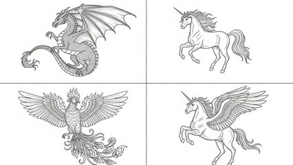 Obraz premium Fantasy Creatures Line Art Collage: Dragon, Unicorn, Phoenix, Pegasus