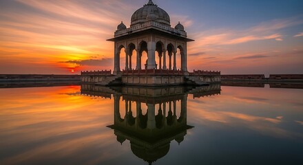 Obraz premium Ornate Indian Pavilion Surrounded by Calm Water at Sunset