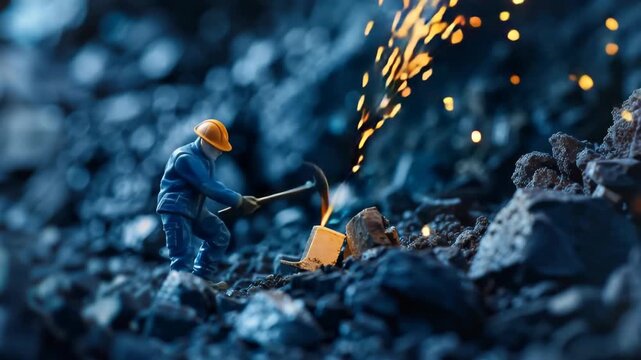 Mining the Depths: A lone worker in a helmet tirelessly extracts resources from the earth, sparks dancing as the pickaxe strikes, illustrating the grit of industry. 