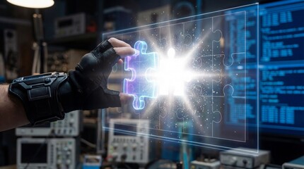 Fototapeta premium Innovative technology concept with glowing puzzle piece in lab