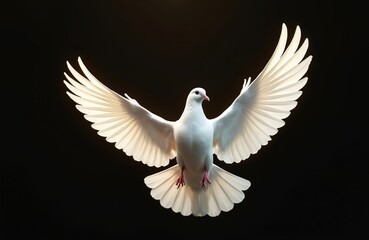 Obraz premium White dove with wings spread wide against black background. Bird appears to be in mid flight with soft light illuminating its feathers and body. Symbolizes peace hope freedom.
