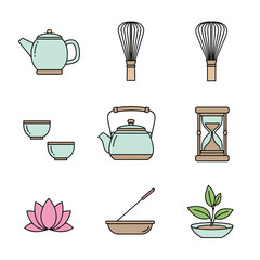 Traditional Matcha Tea Ceremony Tools Icon Set