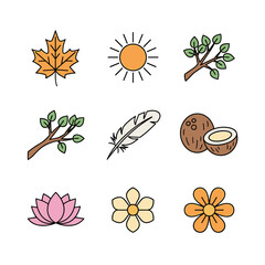 Nature Botanical Icons with Leaves Flowers and Sun