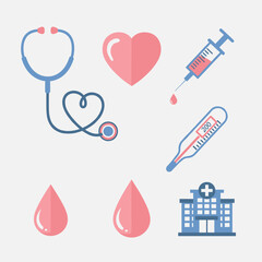 Medical and healthcare flat icon set with stethoscope and heart