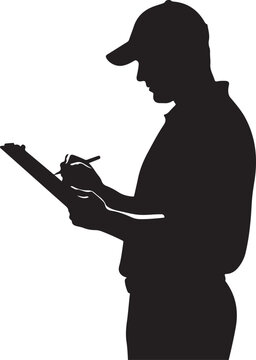 Silhouette of a sports coach in a baseball cap writing on a clipboard during a game , Generative Ai
