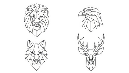 Obraz premium Geometric Animal Icons: Lion, Eagle, Wolf, Deer - Polygonal Line Art