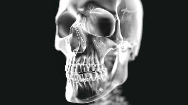 Anatomy of Existence: A striking close-up of a human skull against a backdrop of shadowed obscurity, accentuating the skeletal structure
