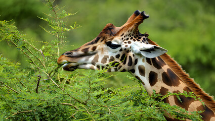 A graceful giraffe extends its long neck to browse on green leaves from a thorny acacia tree in its natural habitat.