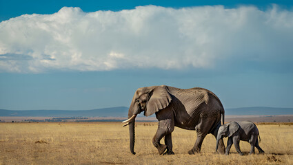 Fototapeta premium A magnificent adult African elephant and her small calf walk side-by-side across a vast, dry savanna under a bright blue sky.