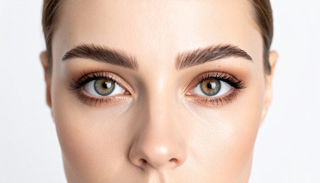 Close-up of a fair-skinned face with green eyes, defined eyebrows, and makeup