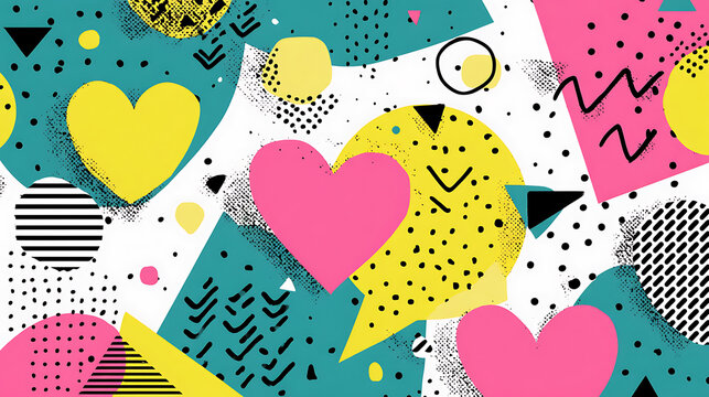 Vivid colorful abstract geometric vector background with large color blocks splicing hearts and triangles featuring hand drawn noise texture for modern minimalist wall art textile prints and event bac