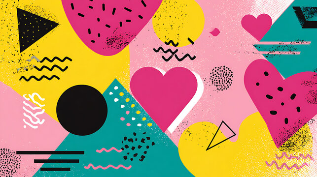 Vivid colorful abstract geometric vector background with large color blocks splicing hearts and triangles featuring hand drawn noise texture for modern minimalist wall art textile prints and event bac