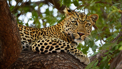 A magnificent leopard with striking spots lies comfortably on a thick tree branch, gazing intently forward in its natural habitat.