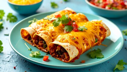Mexican enchiladas garnished with melted cheese, fresh cilantro, vibrant salsa on turquoise ceramic plate