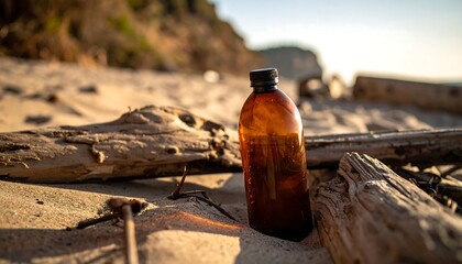 Brown bottle on sandy beach with driftwood, sunlit background