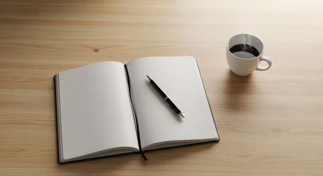 Open Notebook, Pen, and Coffee on Wooden Desk