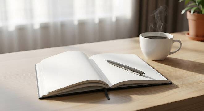 Morning Writing: Open Notebook, Pen, and Coffee on a Desk