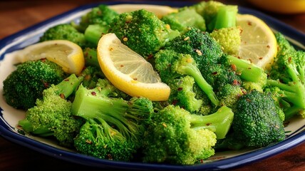 Freshly Steamed Broccoli Florets Garnished with Lemon Wedges on a Decorative Plate, Ready to Serve