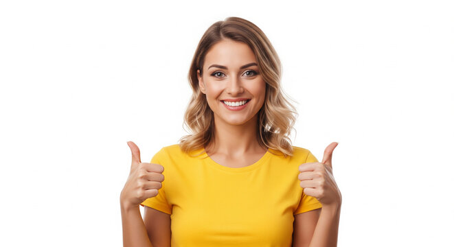 Portrait of a happy smiling woman in a yellow t-shirt showing two thumbs up. Cheerful girl looking at camera isolated on white background.