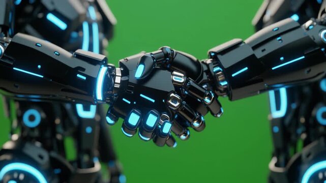Two sleek robots shaking hands in glowing alliance against green tech backdrop
