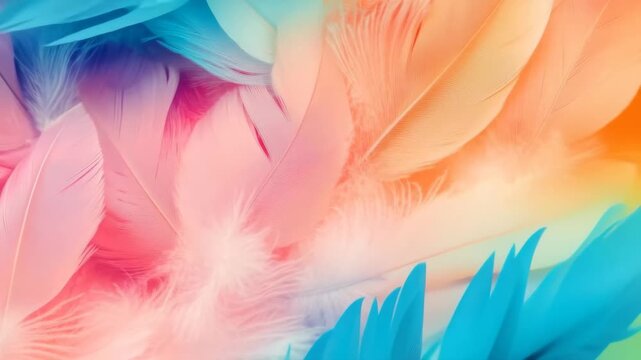 Feather Spectrum: A close-up showcases a medley of soft feathers, elegantly cascading to create a visually soothing scene, boasting vibrant hues