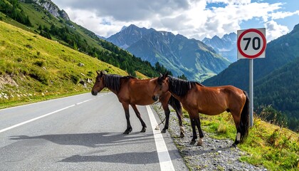 Brown horses on a road with mountains and speed limit sign