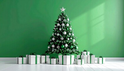 A decorated evergreen tree with ornaments and star, surrounded by wrapped gifts, against a green wall