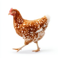 Fototapeta premium Brown Speckled Hen Walking Gracefully on White Background in Studio Setting with Natural Beauty and Charm