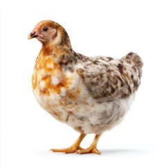 Colorful Feathered Chicken Standing Gracefully on White Background, Charming Farm Animal with Unique Plumage