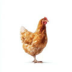 Fototapeta premium Brown Feathered Chicken Standing on White Background in Bright Studio Light