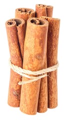 Bunch of cinnamon sticks tied with string, isolated on white