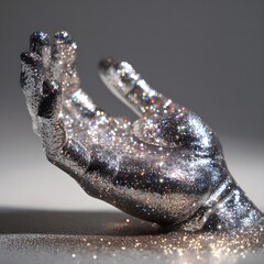 A glittering silver hand sculpture with sparkles on a gray background