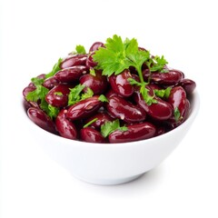 Fresh Red Kidney Beans with Green Herbs in a White Bowl on a White Background
