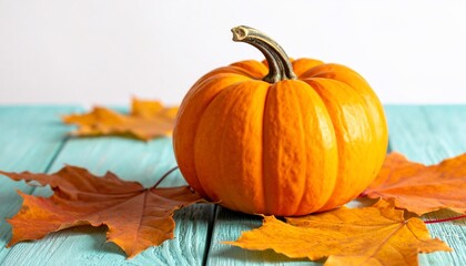 Vivid orange pumpkin with textured skin on a light teal wood surface, framed by fall leaves