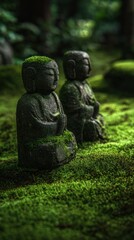 Fototapeta premium Serene Buddha Statues Surrounded by Lush Green Moss in Tranquil Garden