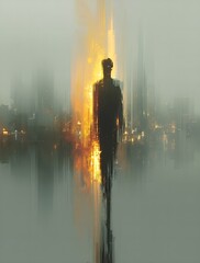 A man stands alone in a futuristic cityscape at dusk