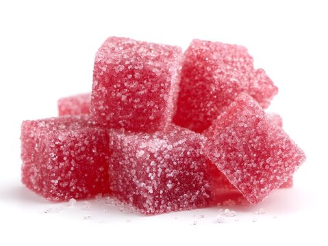 A pile of pink sugar-coated gummies on a white background