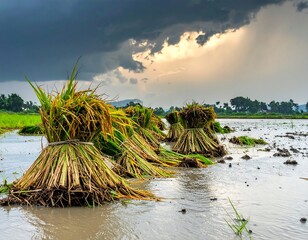 Bundles of harvested grain in a flooded field under a stormy sky