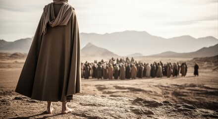 Figure Contemplates Crowd in Arid Landscape: Visionary Leader or Historical Representation Stock Image