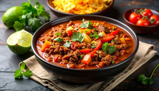 Delicious Picadillo cooked from ground beef with vegetables, mexican Dish