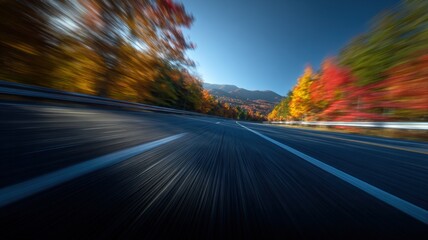 Obraz premium Motion Blur on Autumn Road: Scenic Landscape with Vibrant Fall Foliage and Open Highway