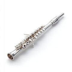 Obraz premium Silver Flute with Keys and Mechanism on White Background for Musical Instrument Photography
