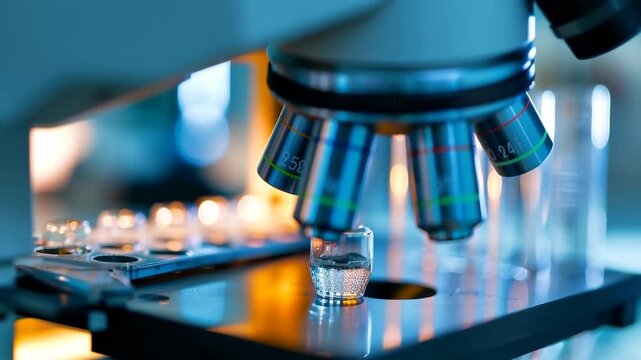 Microscope's Exploration: A high-angle perspective captures the intricate lens and components of a state-of-the-art microscope, emphasizing the essence of scientific examination and discovery.