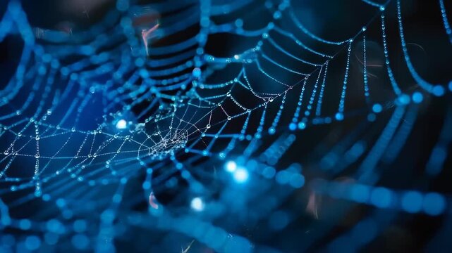 Spiderweb's Jewel-like Beauty: Close-up of a spiderweb, glistening with water droplets and showcasing intricate patterns, with an evocative blue hue.