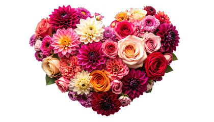 Heart shaped floral arrangement of roses and dahlias in various colors, a symbol of love and affection, captured from a top view as seen in J (866).png