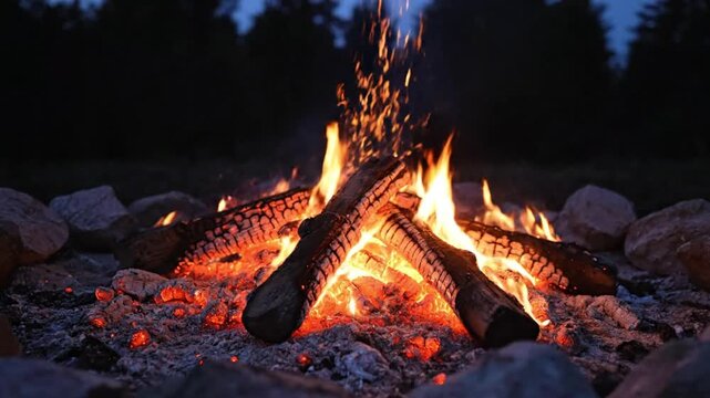A campfire burns brightly in the forest at dusk, surrounded by rocks and trees, viewed from a close distance.